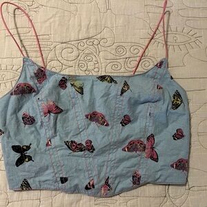 Urban Outfitters Blue Top with Pink Butterfly Design